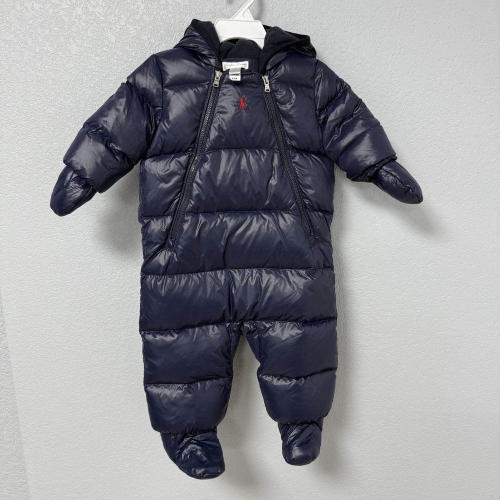NWT Polo Ralph Lauren Down Fill Bunting Snow Suit Baby 6M Navy Blue Gloves Boots